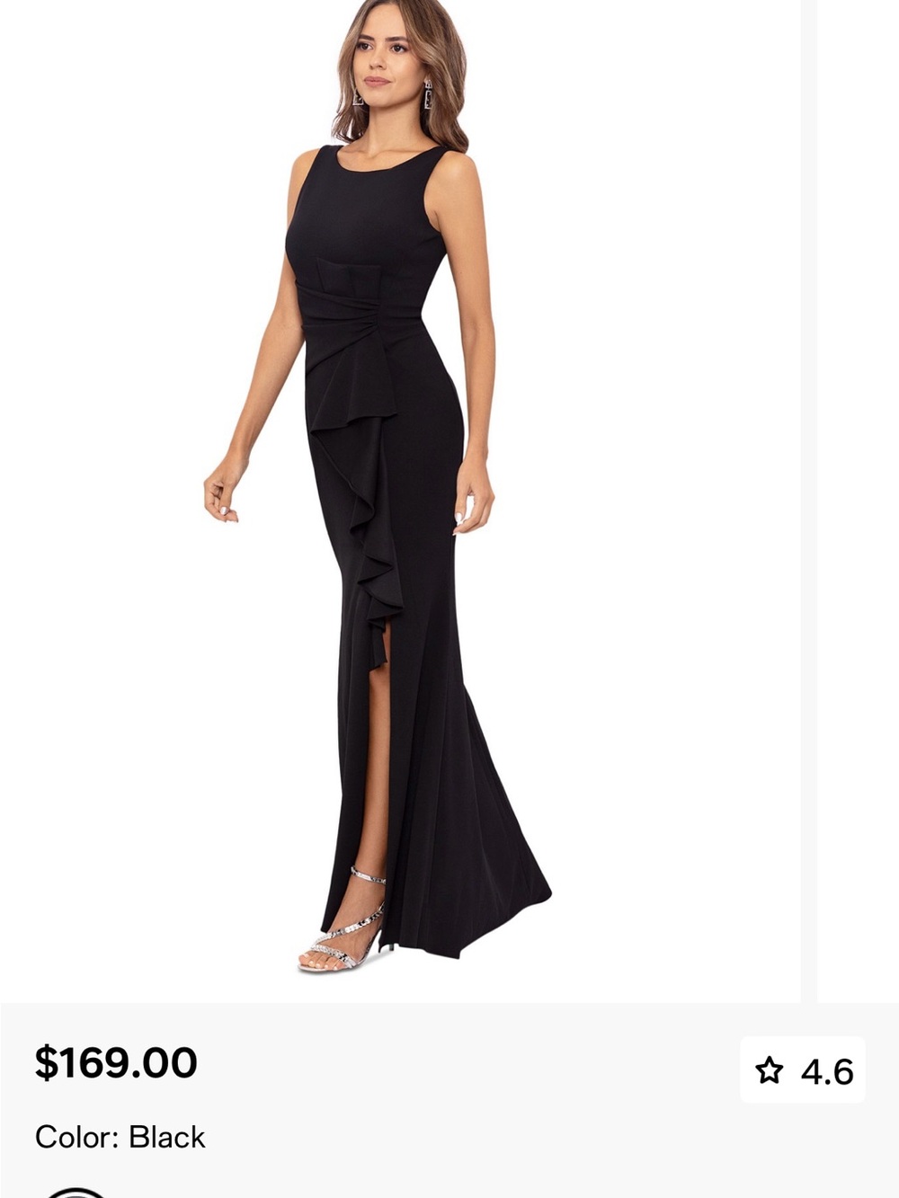 Betsy & Adam Black Ruffle-Front Maxi Gown